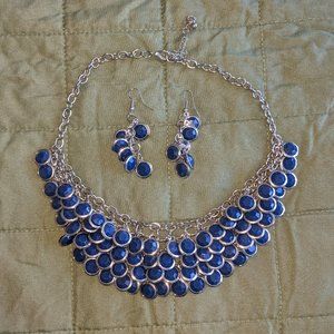 Matching Set - Navy Blue Statement Necklace and Drop Earrings